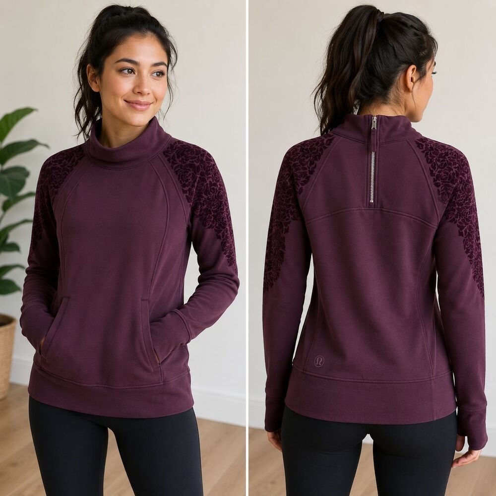 Lululemon Floral Flock Pullover Black Cherry Purple Mock Neck Back Zip Size 10